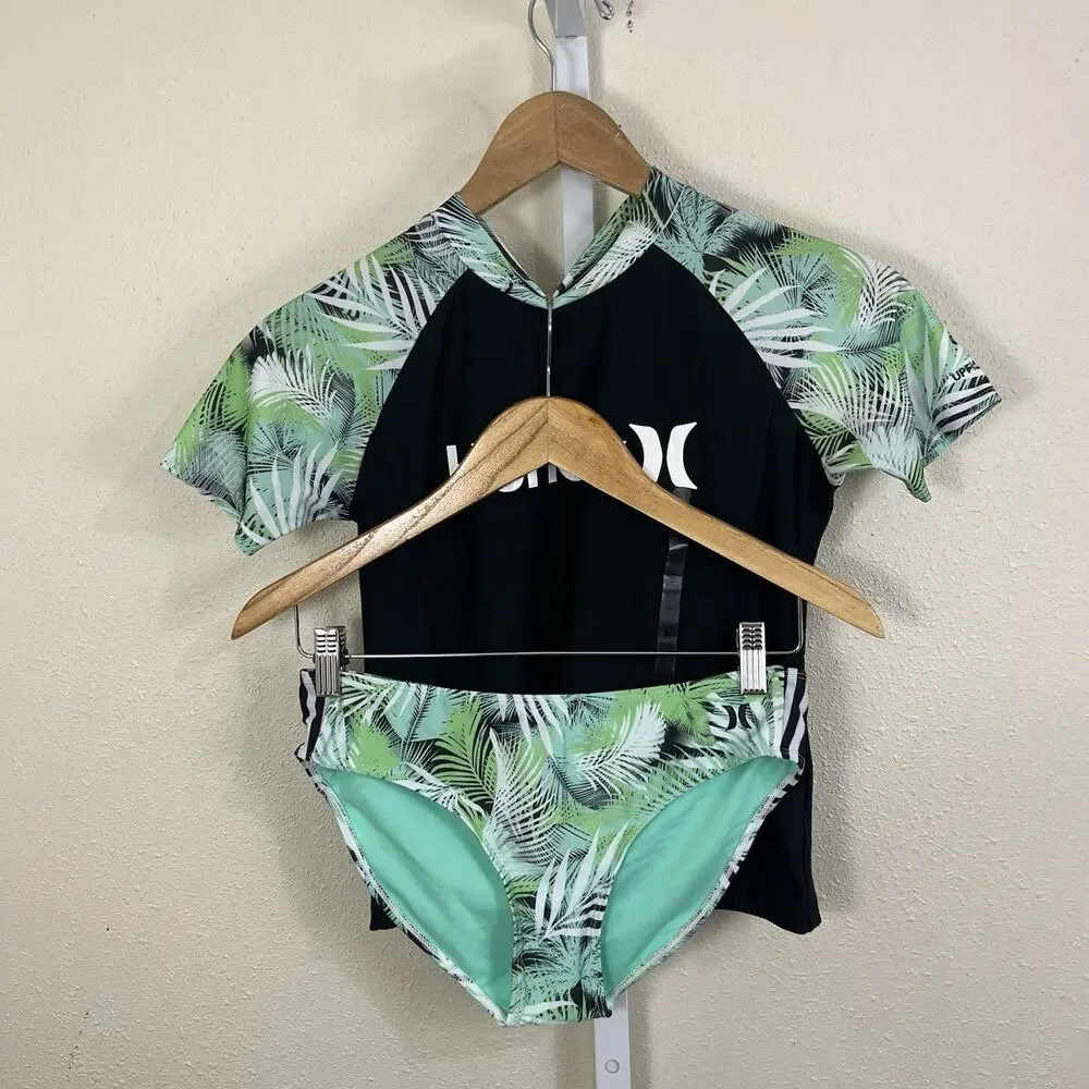 Hurley Girls Rash Guard Swim Set Size 14/16 Large Tropical UPF 50+ Black Green